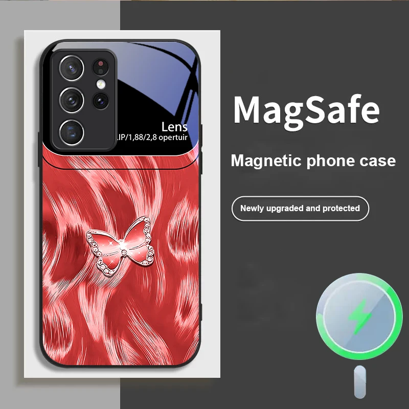 

Pink Diamond Butterfly For Samsung S25 S25 Edge S25Ultra S8 9 10 20 S21 Pro 22 Plus S23 FE S24 Ultra Magsafe Glass Phone Case