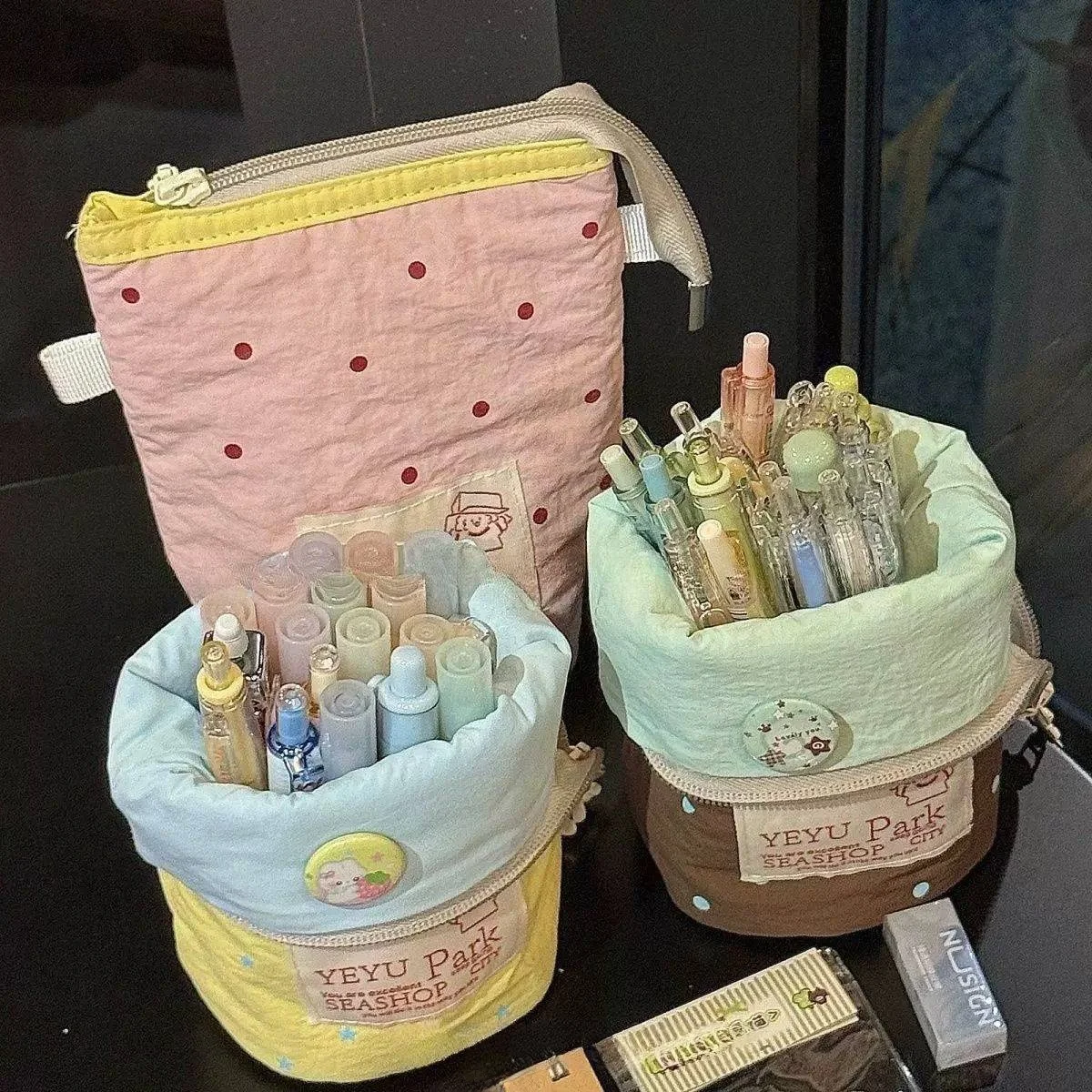 Macaron Colored Standing Cylinder Pencil Case Large Capacity Stationery Storage Bag Foldable Student Supplies Organizer