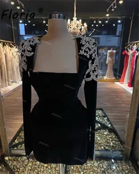 Black Girls Square Long Sleeve Cocktial Dress Crystal Rhinestones Short Prom Party Dresses African Woman Birthday Club Evening