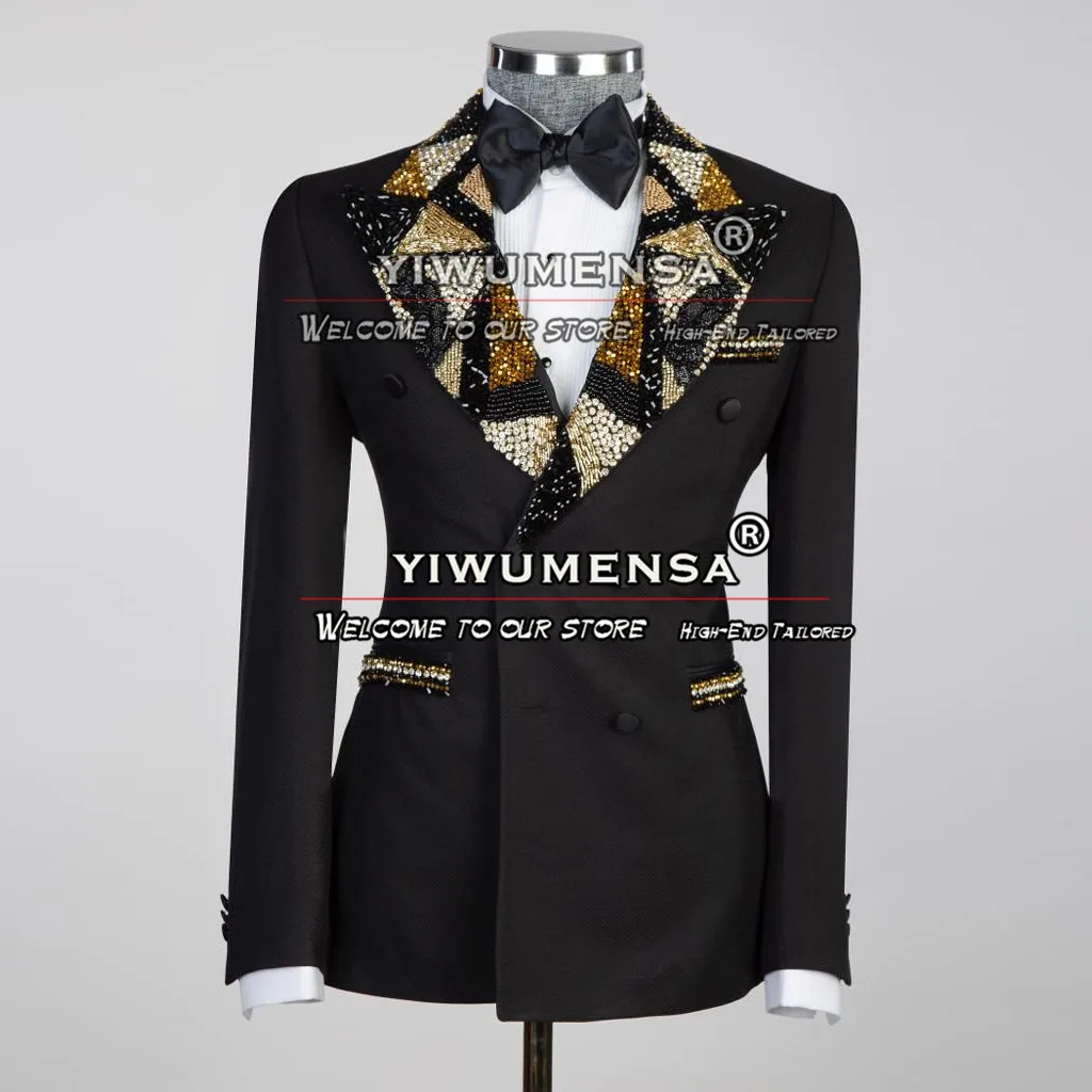 

Роскошные костюмы с кристаллами и бисером, мужской двубортный пиджак для выпускного вечера, индивидуальный комплект из 2 предметов, мужской смокинг для дня рождения, жениха, свадьбы, обтягивающий