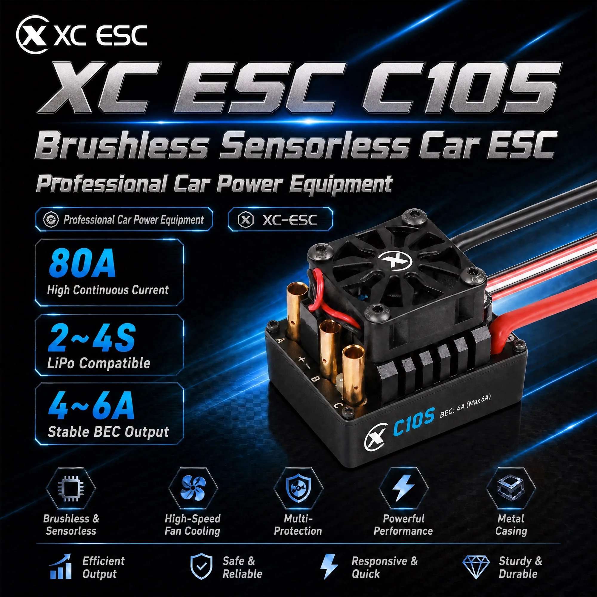 XC-ESC C10S 80A 2-4S LiPo Bec 7.4/8.4V Wireless for RC Brushless ESC 1/10 NEW