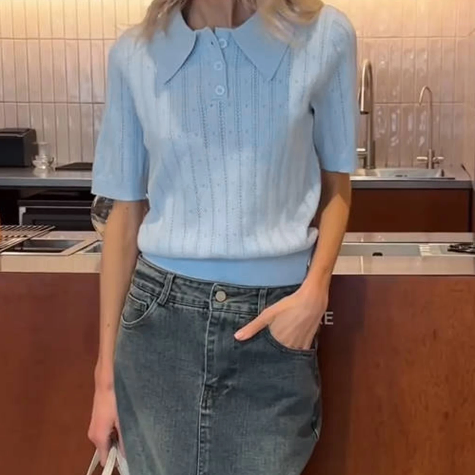 

Elegant Women's Summer Hollow Out Knit Tops Short Sleeve Turn Down Collar Solid Color Cutout T-shirt