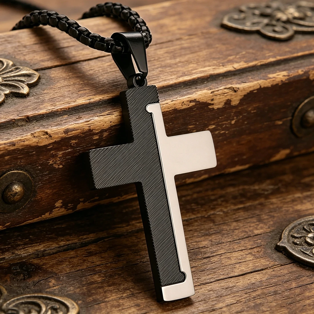 Double Color Diagonal Groove Cross Pendant Necklace Stainless Steel Anti-Tarnish Hiphop Prayer Christian Religious Faith Jewelry