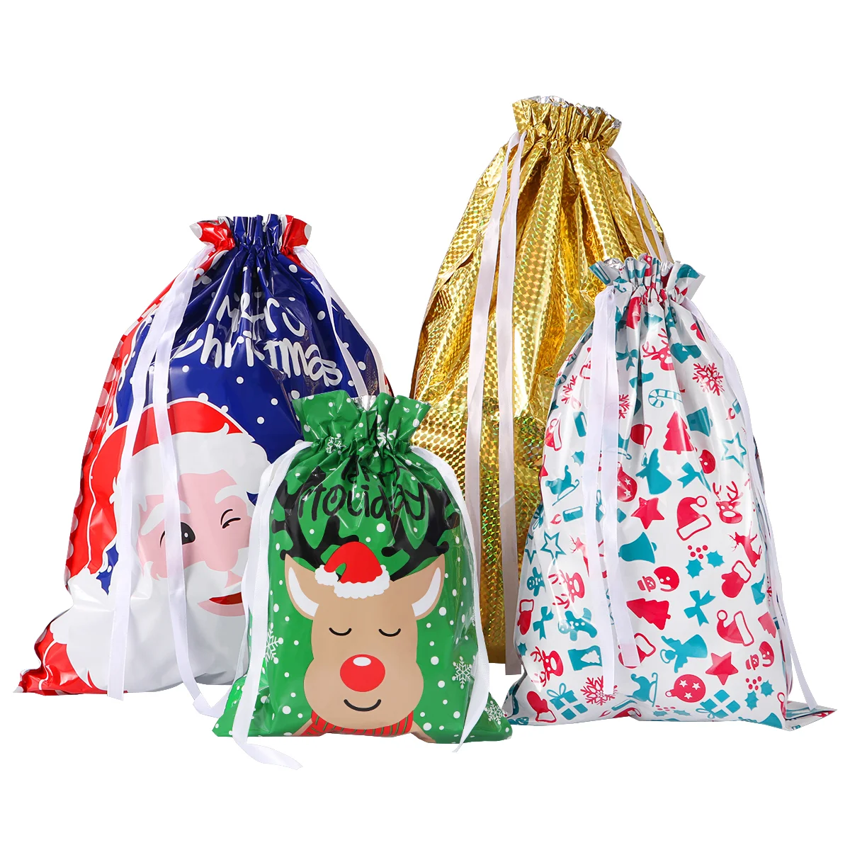 

Large Xmas Bags Drawstring Christmas Birthday for Presents Foil Candy Gift Treat