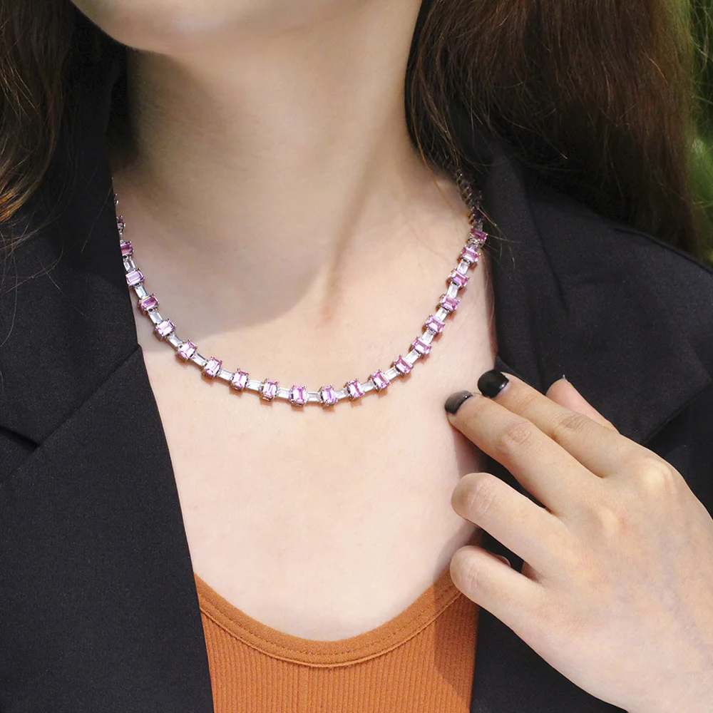 ThreeGraces Elegant Pink Cubic Zirconia Geometric Rectangle Chain Link Necklace for Women Fashion Party Costume Jewelry PN121
