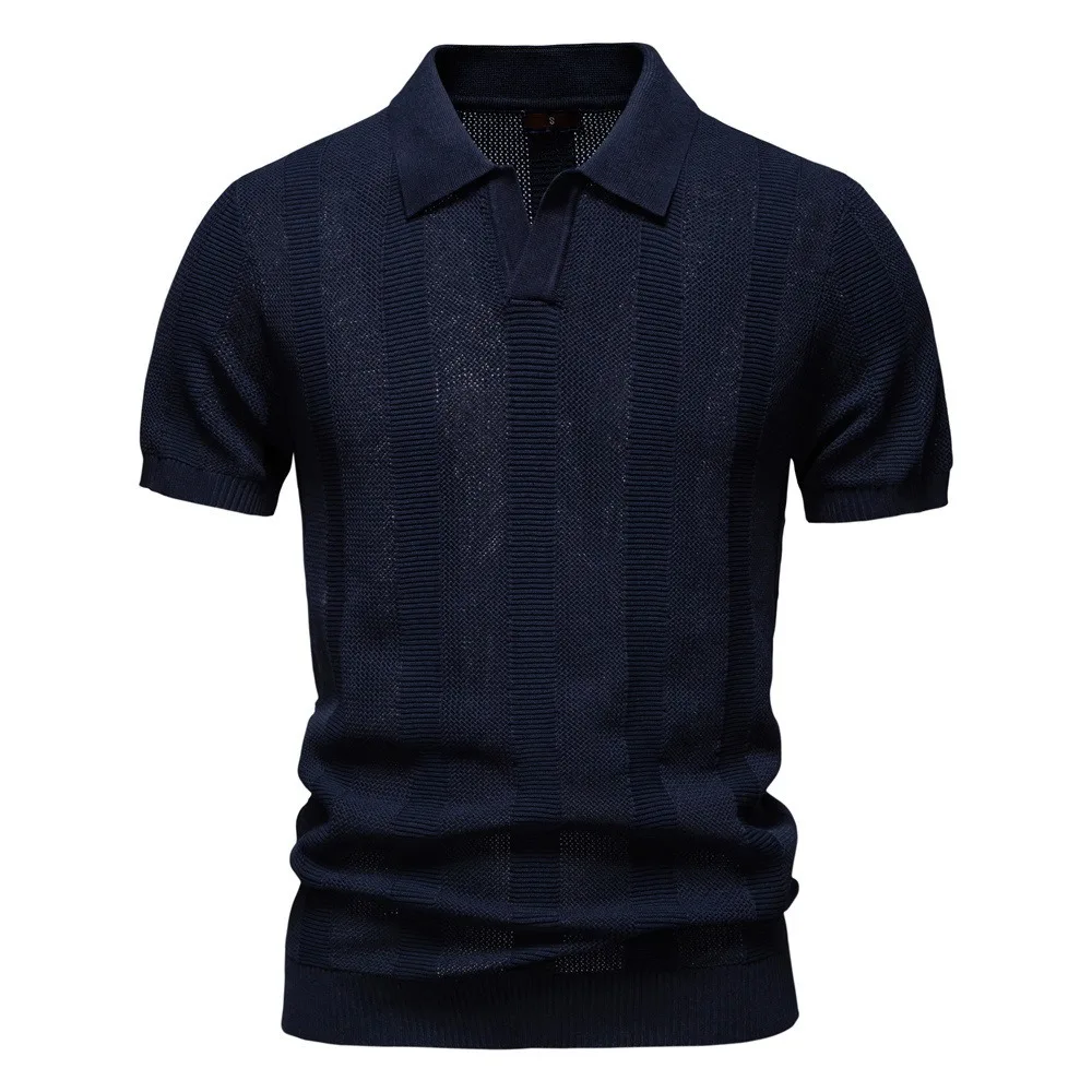 Hollow Out Short Sleeved Sweater Striped Polo Shirt Men's Short Sleeved Summer Polo Shirt Men's Office Commuting Top Inner Layer