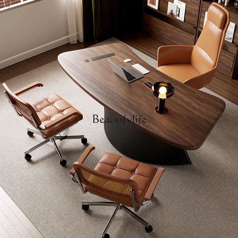 

Solid wood North American black walnut office boss table and chair combination curved light luxury creative workbench
