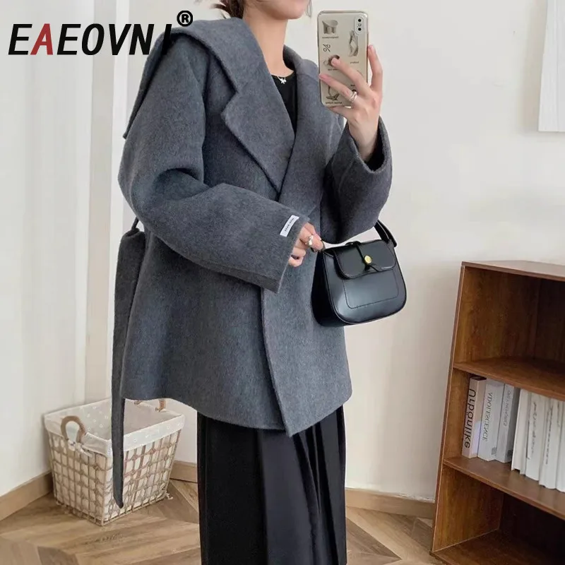 EAEOVNI سترة صوف شتوية للنساء موضة التلبيب الياقة كم طويل زر الدانتيل متابعة بلون معطف غير رسمي 2026 ملابس جديدة #2