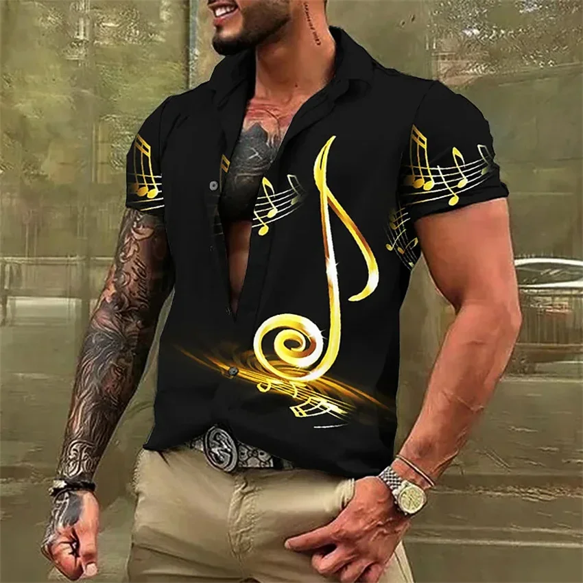 

Creative printing pattern men's lapel short-sleeved 2023 fashion music notation casual fashion high-quality material new T-shirt