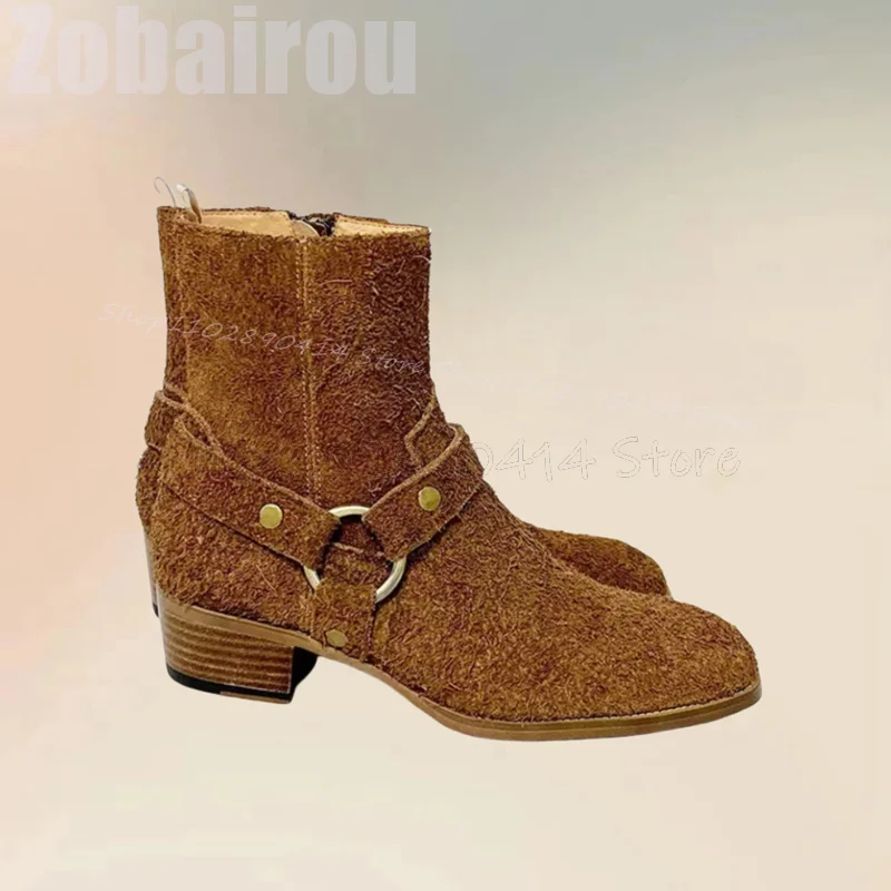 

Brown Retro Style Belt Fastener Mid Calf Boots Fashion Side Zipper Men Boots Luxury Handmade Party Office Feast Men Casual Shoes