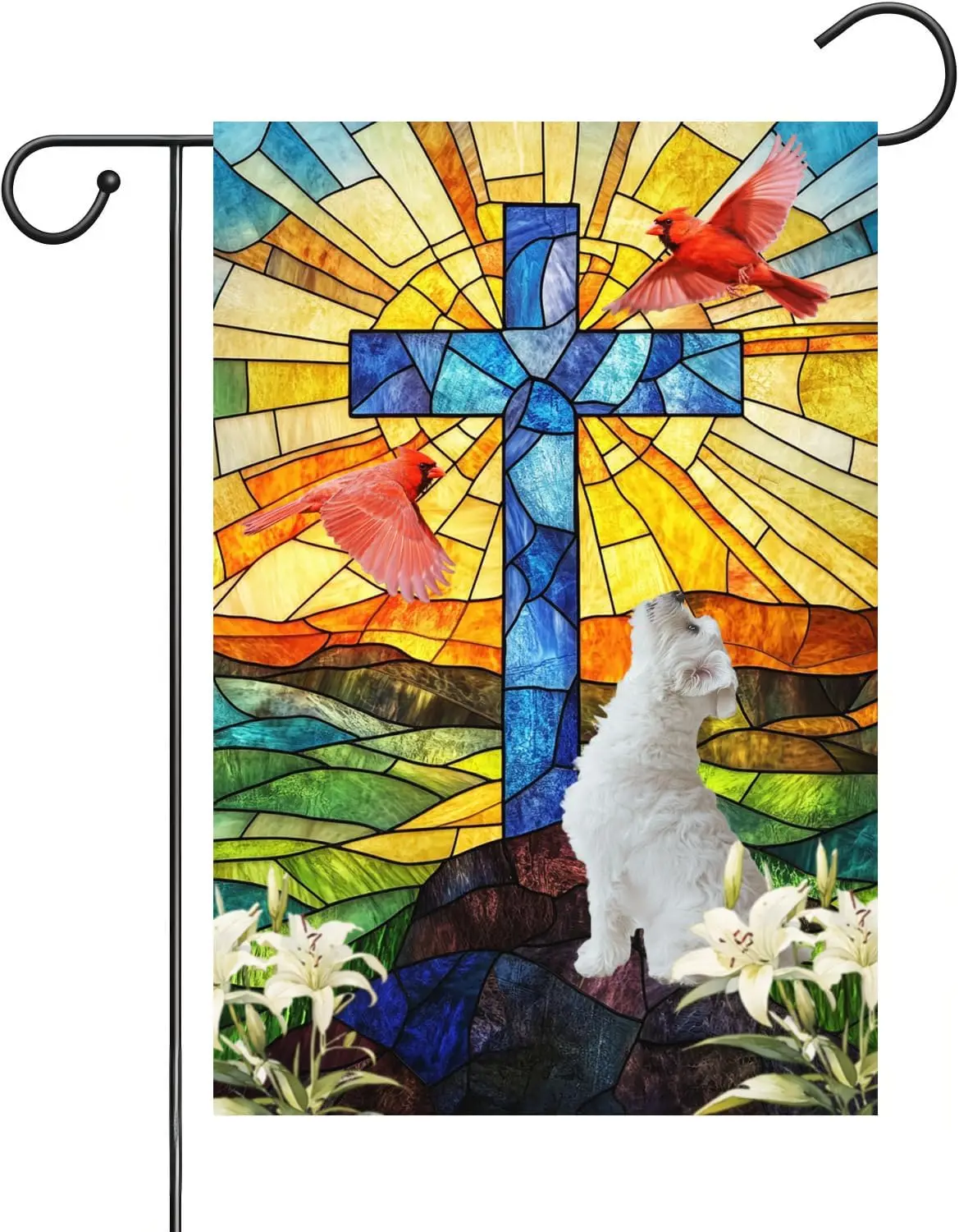 Christian Cross Garden Flag 12x18 Inch Double Sided Easter Religious Westie Dog Garden Flag Small Burlap Banner Cardinal Yar GGO