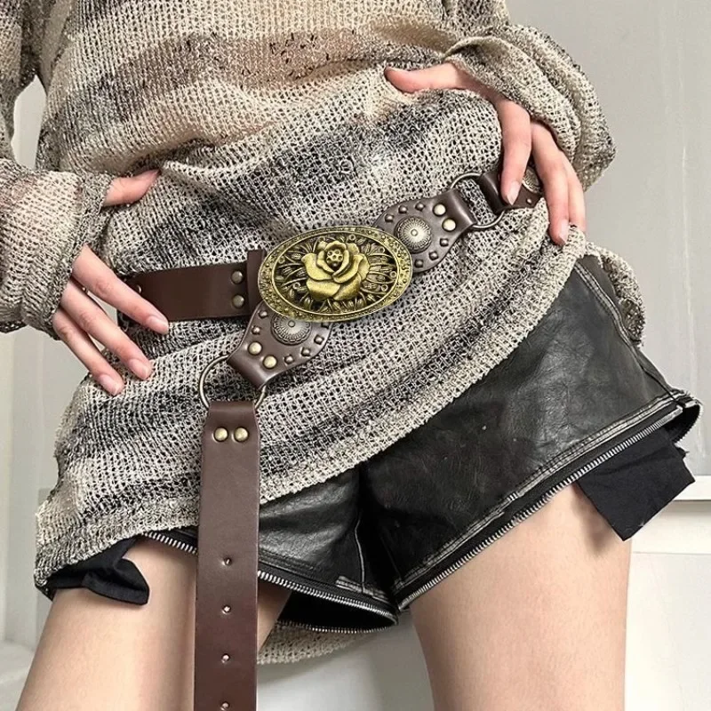 Western Cowboy Style Wide Waistband Metal Loop Buckle Waistband Women's Retro Rivet Belt Vintage Decorative Belt