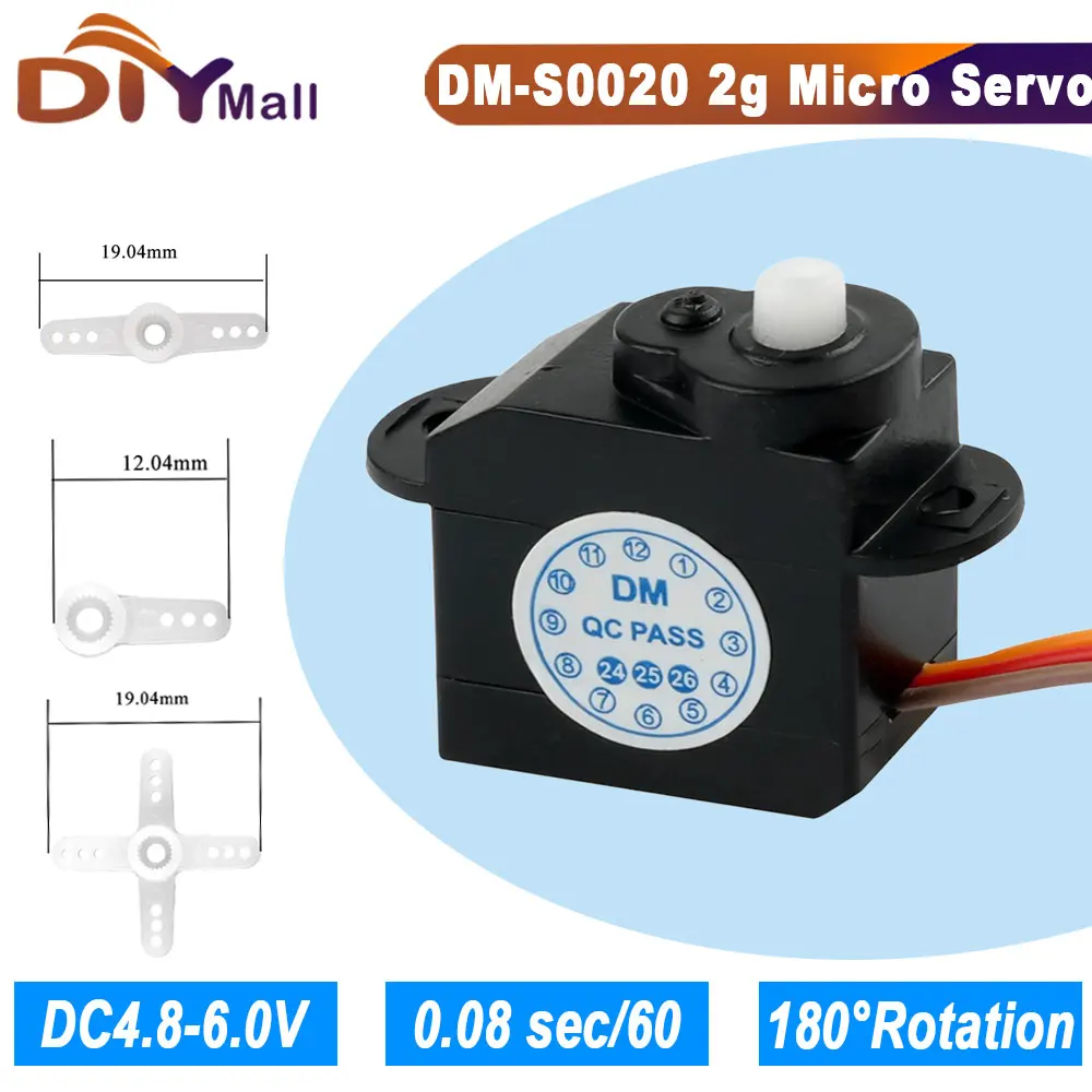 DM-S0020 2 g ultralichte miniservo 180 °   Rotatie 4,8 V-6,0 V met JR-connector voor RC Drone Car Robot Hobby