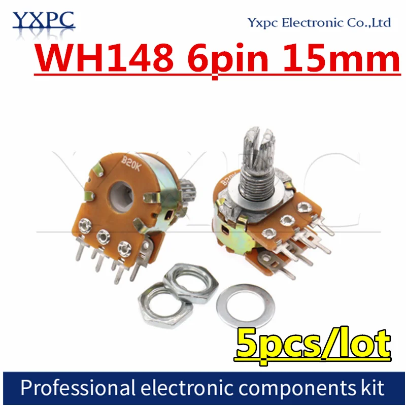 

5pcs WH148 6Pin 15mm Potentiometer B 1K 2K 5K 10K 20K 50K 100K 250K 500K 1M Ohm Linear Taper Rotary Potentiometer for Arduino