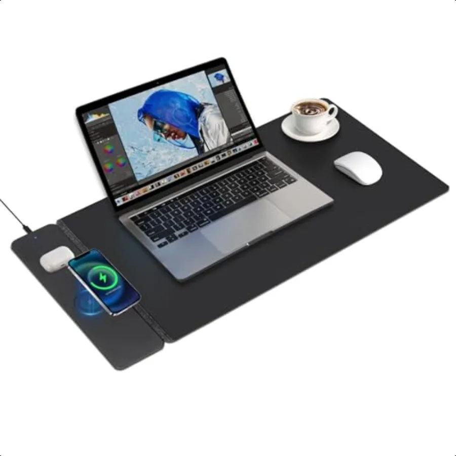

Коврик для мыши с беспроводной зарядкой, двойное быстрое зарядное устройство, двусторонний фетровый настольный коврик из искусственной кожи для офисных игр, большая поверхность, iPhone Android Co