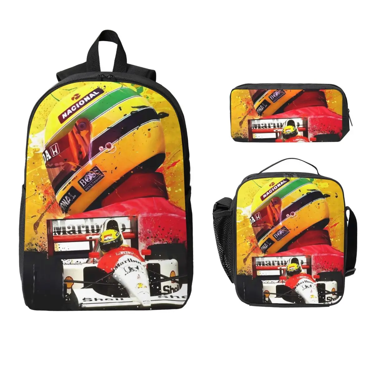 アイルトン・セナ-レーシングカー-バックパック-学生-男の子-女の子-ブックバッグ-スクールバッグ-ラップトップ-ショルダーバッグ-3ps-断熱ランチバッグ-鉛筆ケース