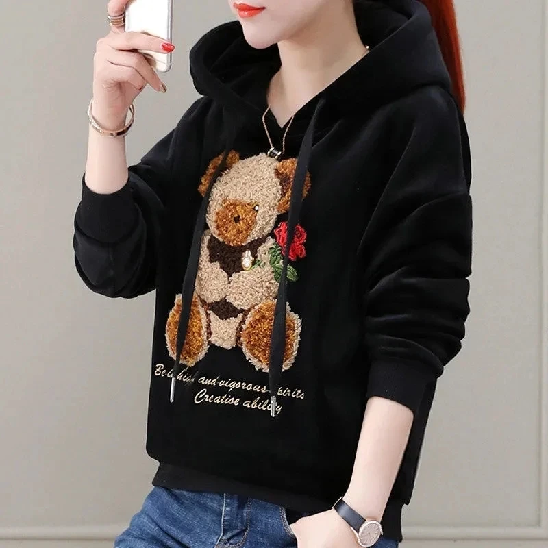 2024 Autumn Winter New Golden Velvet Hooded Sweatshirt Women\'s Thickened Double Sided Velvet Top Embroidered Loose Coat Female