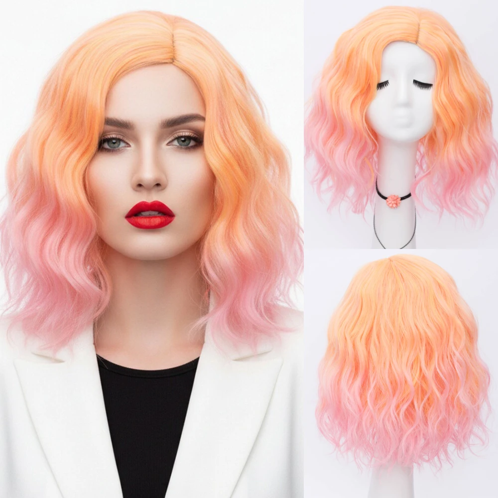 Pink Ombre Orange Short Wavy Bob Synthetic Wig With Part Line Heat Resistant for Women Cosplay Halloween Party