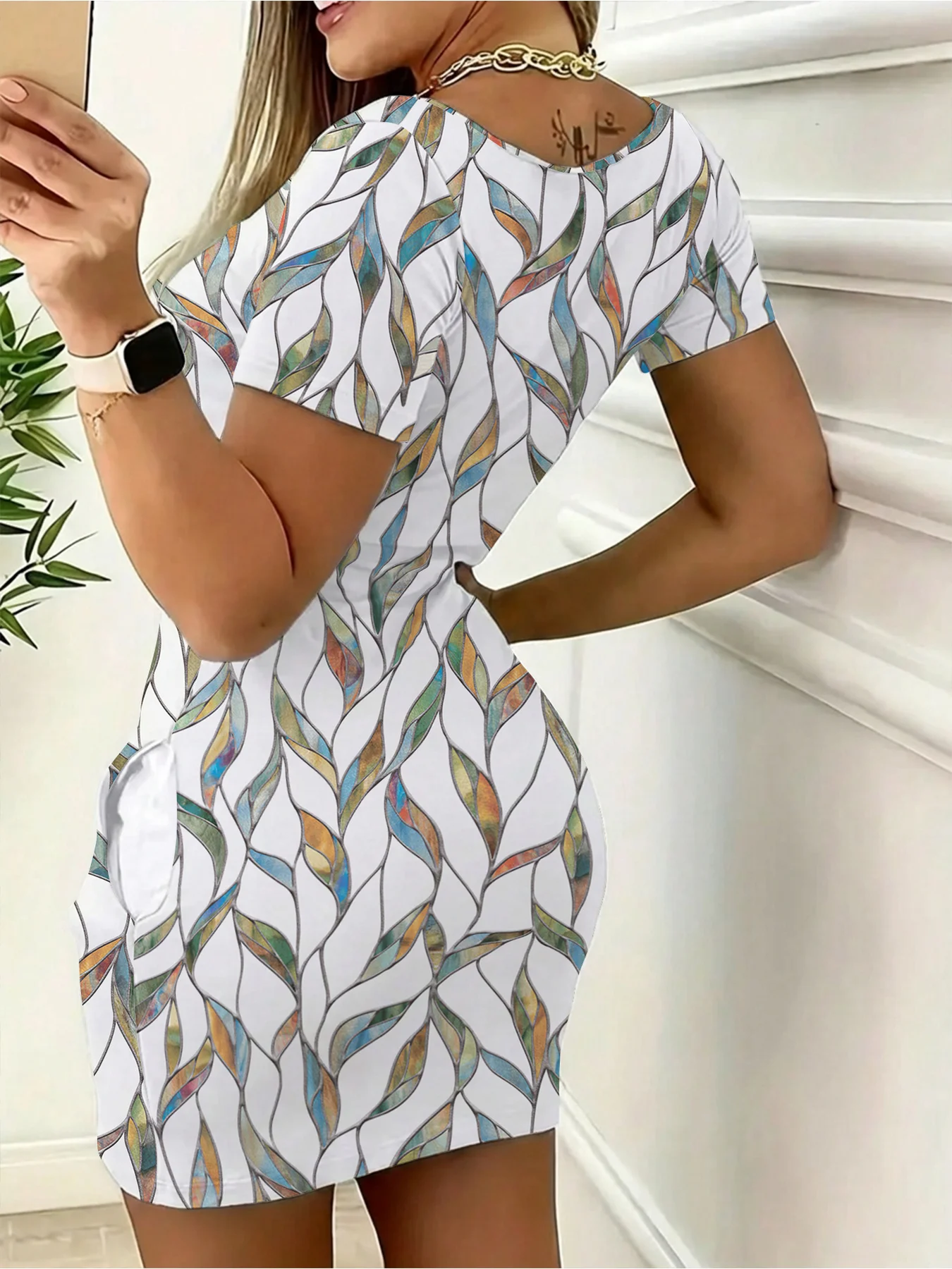 Elegant Casual round Neck Solid Color Leaf Pattern Pocket Short Sleeve Mini Skirt Long Dress Comfortable Fashion Women's Dress