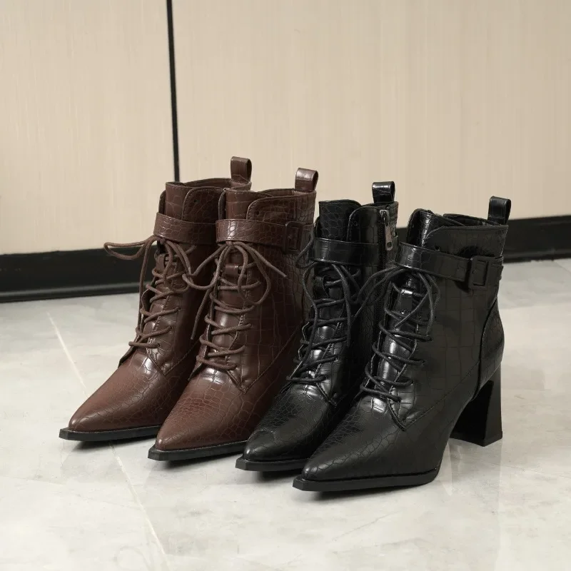 Zapatos de mujer 20224, botas tobilleras para mujer, botas modernas atadas cruzadas, hebilla de costura para mujer, punta estrecha, tacones altos, zapatos de mujer con cremallera lateral