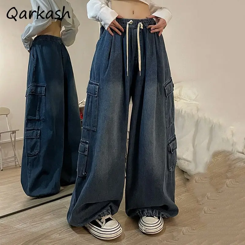 

Jeans Women Drawstring Big Pockets Baggy Cargo Elastic Waist Wide Leg Grunge Hot Girl Vintage Do Old Y2k Streetwear Basic Chic