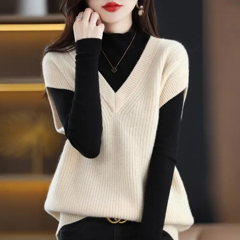 Imitation Wool Knitted Vest Spring Autumn 2023 New Sweaters Women's V-neck Solid  Casual Loose Pullover Knitted Leisure Coat V6