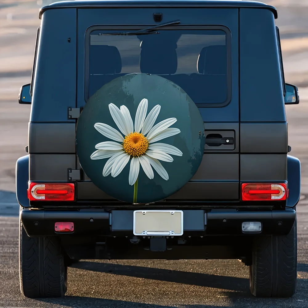 A 2D Flat Printed Tire Cover Featuring A Vintage White Daisy Pattern, Made From 100% Polyester Fabric, Does Not Require Electric