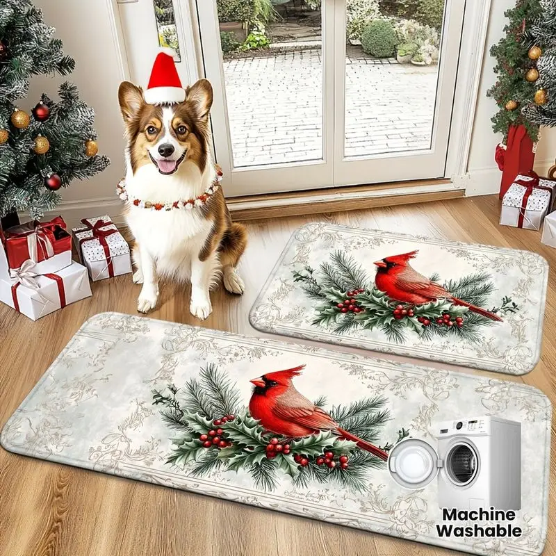 VIKAMA Christmas Kitchen Mat Cardinal Bird Print Anti Slip Rug for Kitchen Floor Home Holiday Washable Cozy Decor Machine