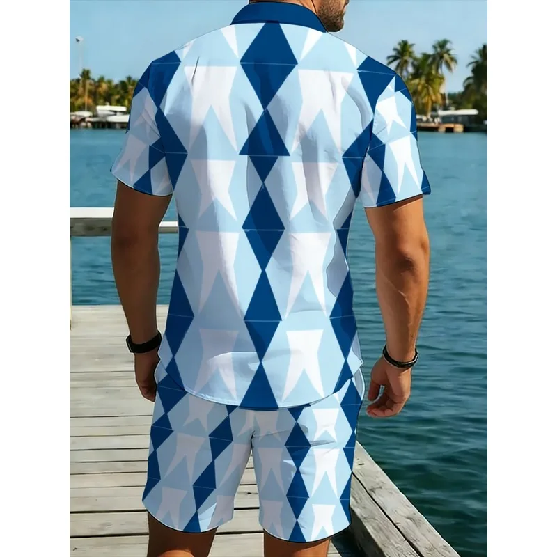 Men's Geometric Print Short Sleeve Shirt and Shorts Set，Lightweight polyester summer beachwear，Blue and white patterned casual w view 2