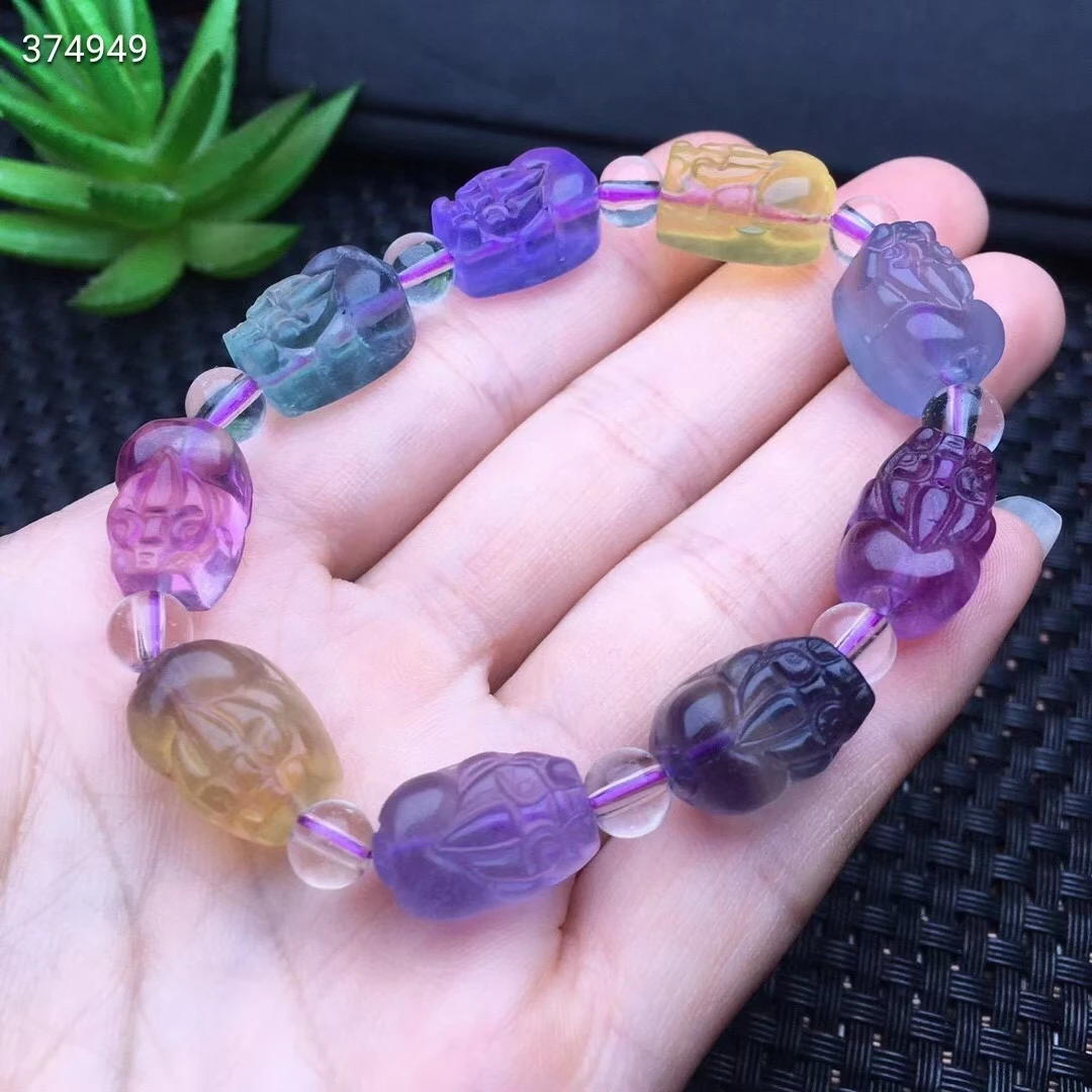 Natural Colorful Fluorite Quartz Pi Xiu Clear Beads Bracelet 16x11mm Carved Fluorite Bracelet AAAAA