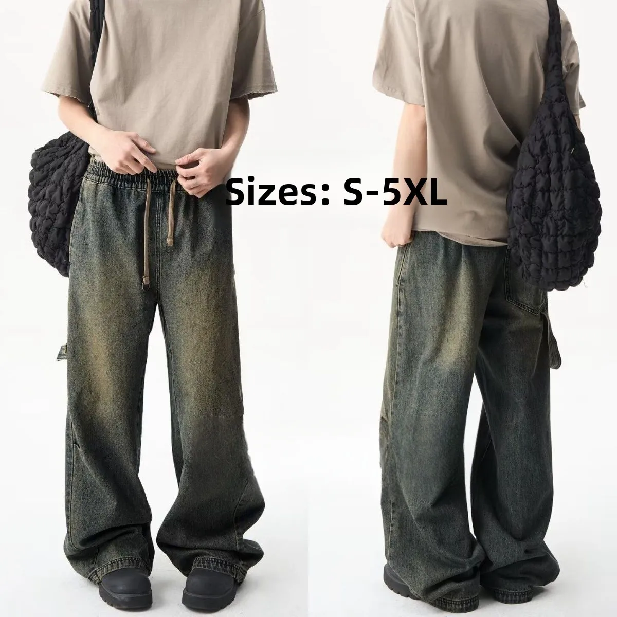 

Мужские джинсы больших размеров 300 Pou в ретро-стиле, с эластичным поясом, свободные, широкие, прямого кроя, длинные брюки, осенние, модные...