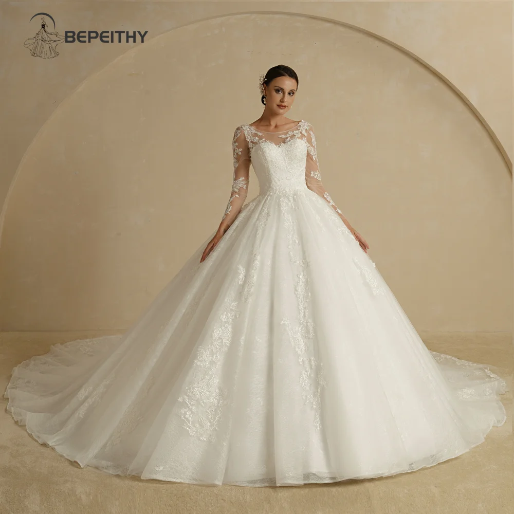 BEPEITHY Customized Full Sleeves Bridal Ball Gown Lace Princess Wedding Dresses 2025 Spring O Neck Vintage Bride Ivory Vestidos