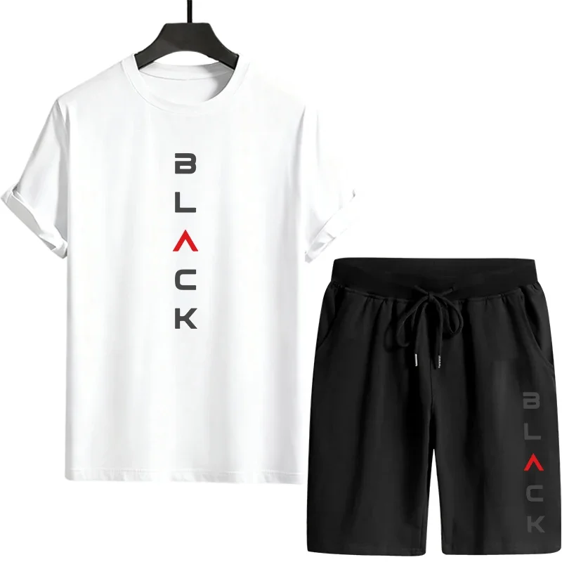 Black Letter Print Mens Summer Tracksuit Two Piece Set Casual Sportswear Tee and Shorts Comfortable Outdoor Home Wear T-shirts
