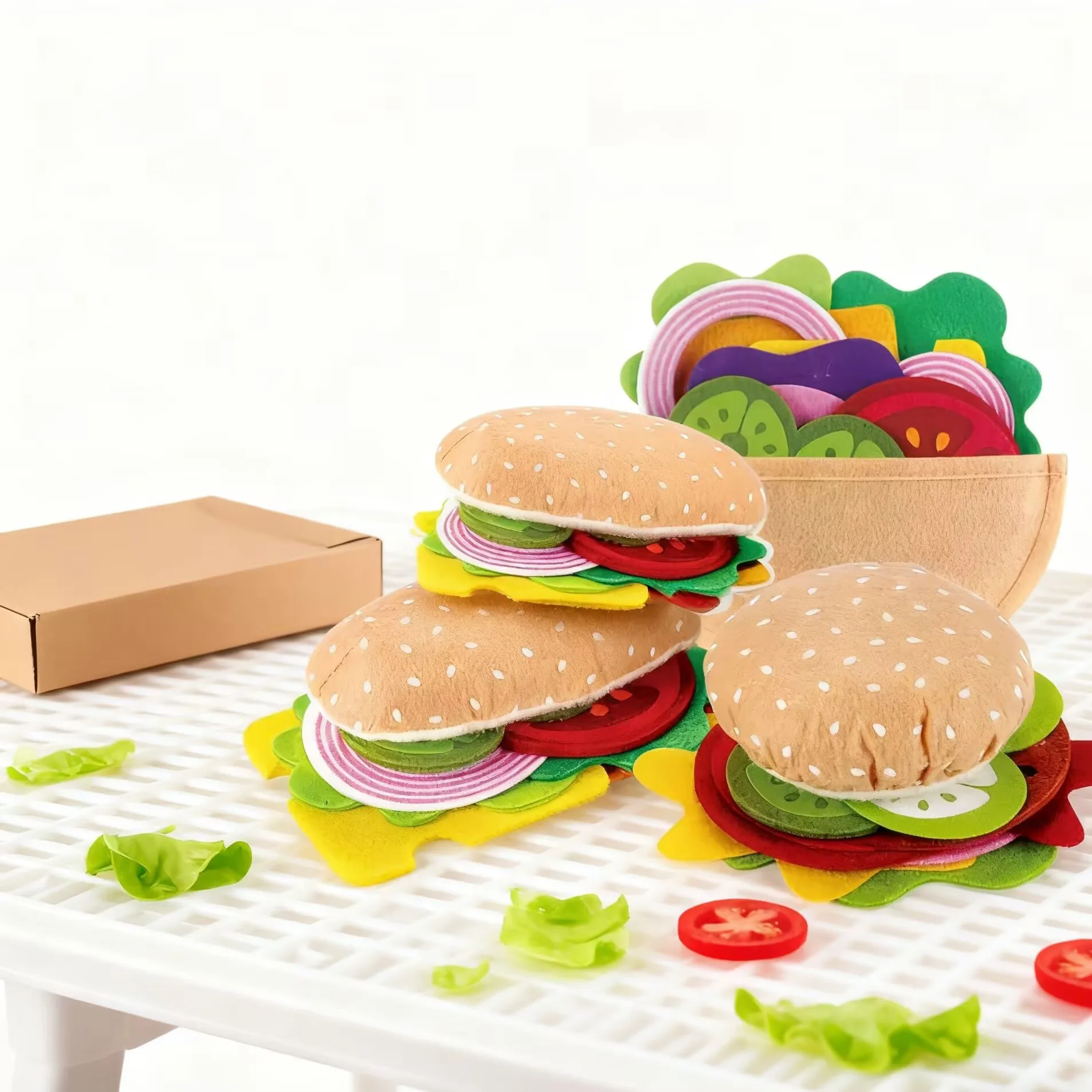 

Kids Felt Fruit and Vegetable Basket Toy Set, Burger Sandwich Kitchen Food Pretend Play Educational Game