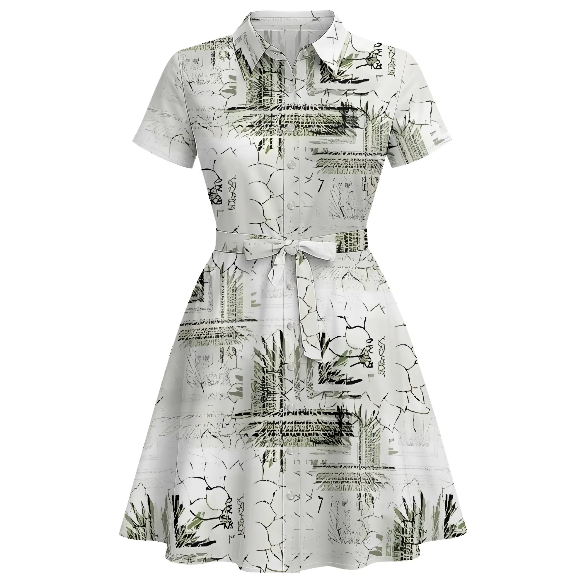 

EQQZD Elegant Short-sleeved Shirt-Collar Mini Dress, Modern Patchwork Print Dress with Button & Belt, Women's Casual Loose Dress