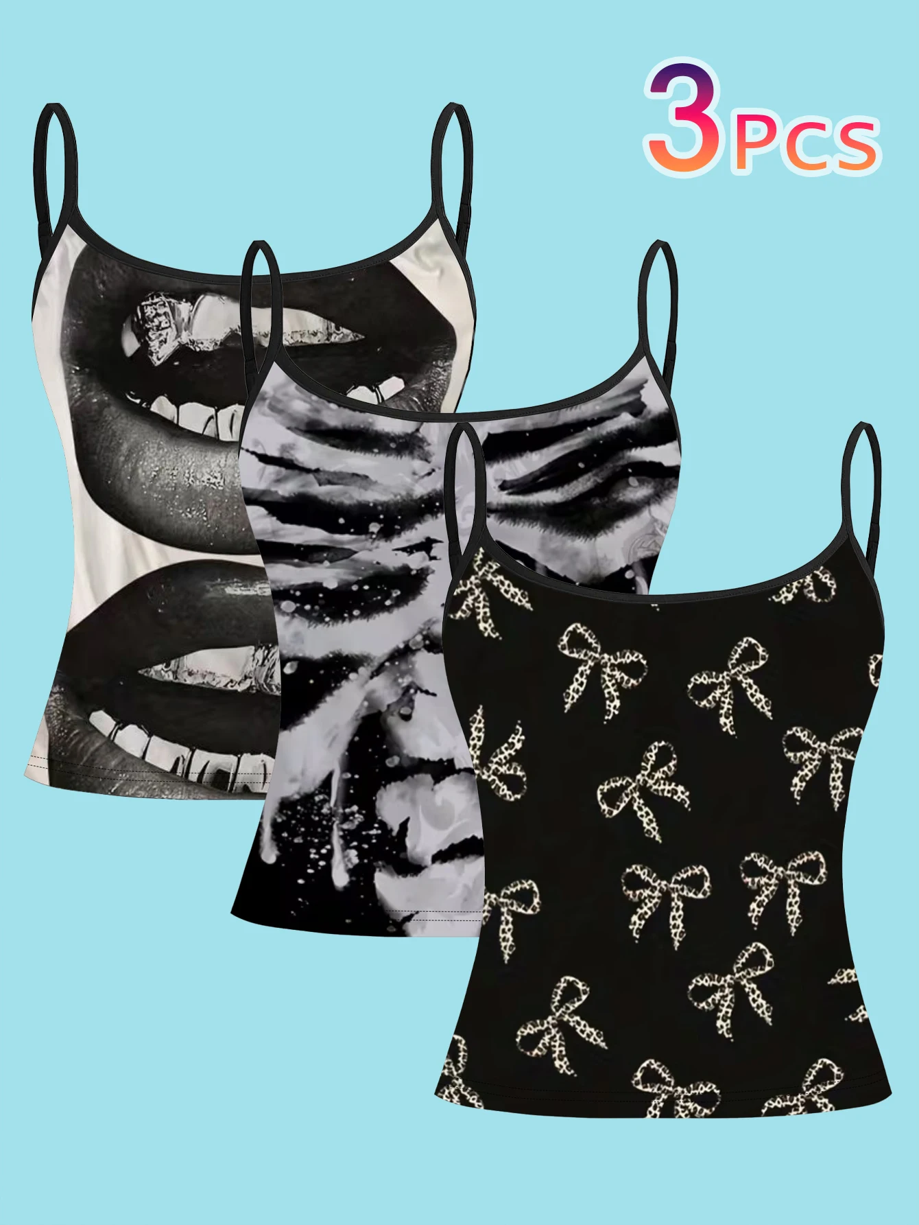 3-Piece Set of Personalized Black and White Spicy Girl Print Camisoles for Women, Featuring Large Lips, Splash Ink, Leopard Print, and Bow, Slim-Fit Sleeveless Inner Tops