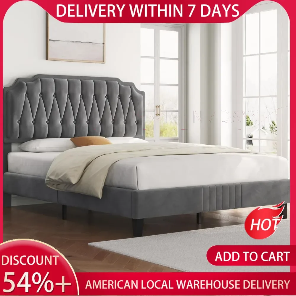 Queen Bed Frame Velvet Upholstered Platform Bed with Curved Headboard,No Box Spring Needed/Easy Assembly, Dark Gray Queen Bed