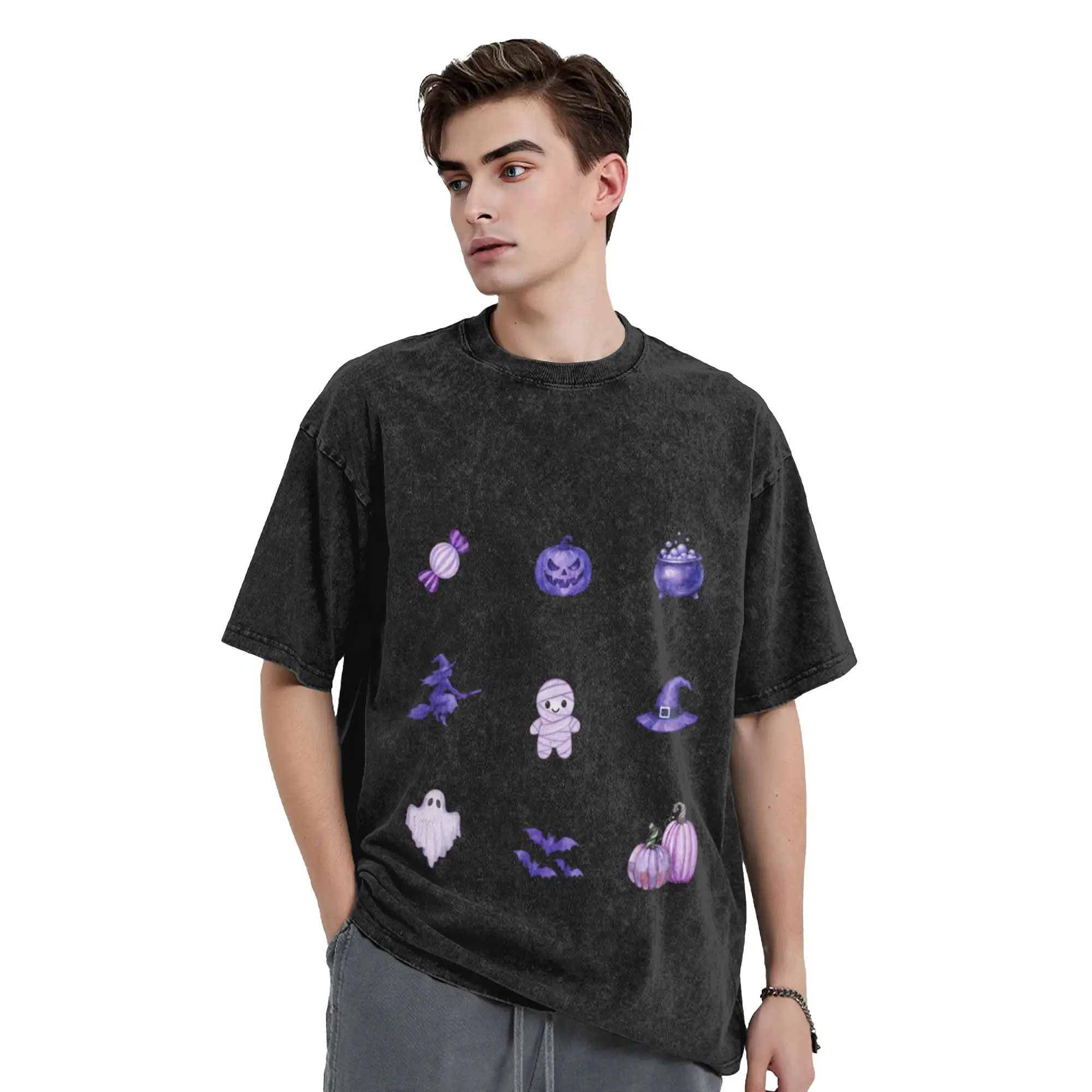 Watercolor Spooky Purple Halloween  Unique Chic A T-Shirt Oversized Short Sleeve Men's Women's Cotton Tees Tops