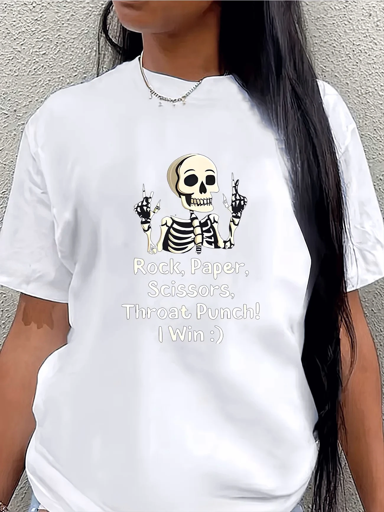 Funny Skeleton Rock Paper Scissors Throat Punch T-Shirt Women Summer Short Sleeve Graphic Tee Casual Oversized Streetwear Tops