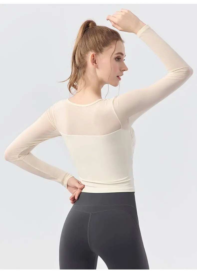 Entworfenes Mesh-Langarmshirt für Damen, Neues Ein-Körbchen-Sporttop zur Figurformung und Atmungsaktivität, Professionelle Trainingskleidung für Fitness und Yoga – Detail 7