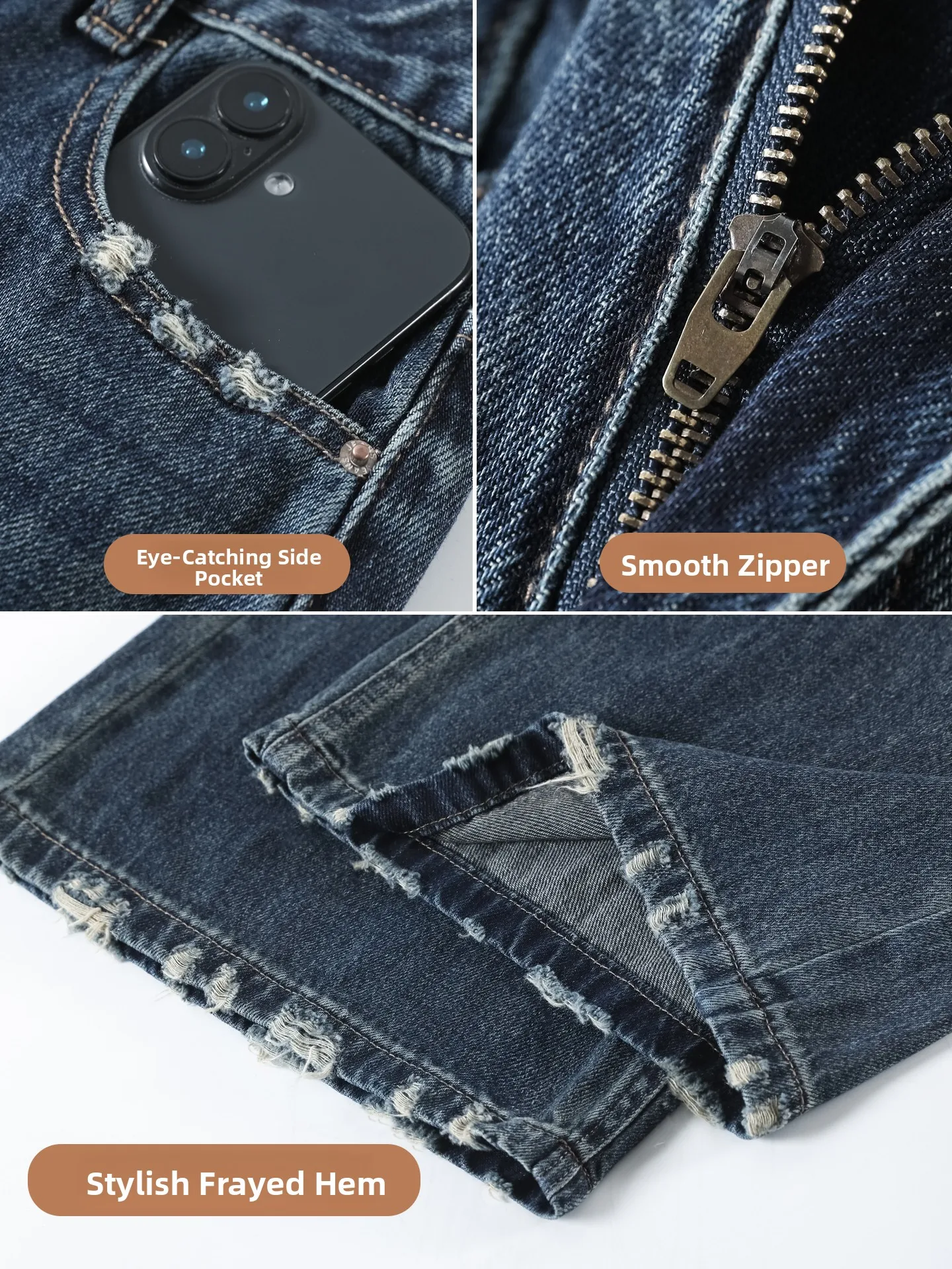 ارتفاع الخصر واسعة الساق الجينز المرأة فضفاضة تناسب المتوترة هيم المطرزة الدنيم السراويل عادية Sle ربيع الخريف عالية الارتفاع بنطلون