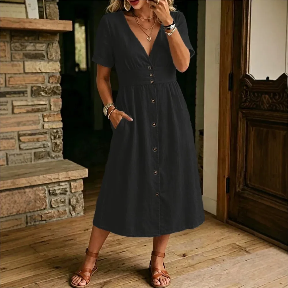 

2026 Women's Casual Dresses A-line Dress Vestido Simple Style All-match Daily Commuting Short Sleeves Solid Color Buttons V-link