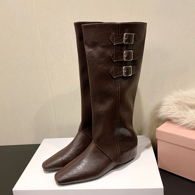 

Women's Long Boots Flats Designer Knee High Leather Shoes 2025 Winter Fashion Chelsea Boots New Walking Elegant Ladies Boots