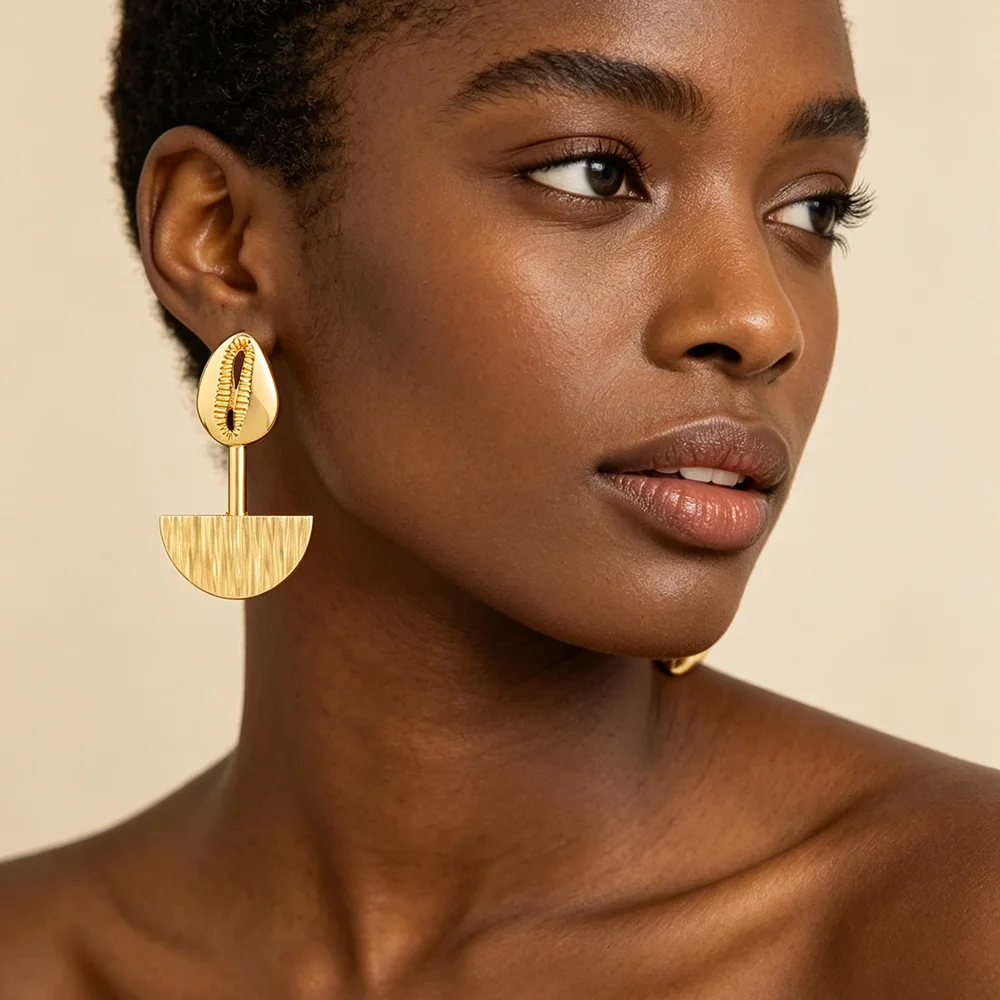 18K vergoldetes Muschel-Ohrringe- und Ring-Set mit gebürsteter Oberfläche für Damen, luxuriöse Hochzeits- und Party-Accessoires, Brautschmuck, Geschenk – Detail 3