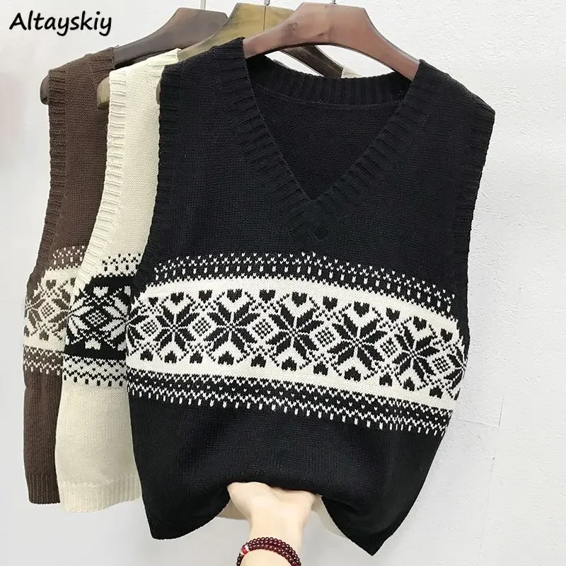 Suéter sin mangas para mujer, chalecos sencillos y holgados de punto Vintage con estampado de ocio, ropa de calle elegante BF que combina con todo, Harajuku Y2k Ins Popular