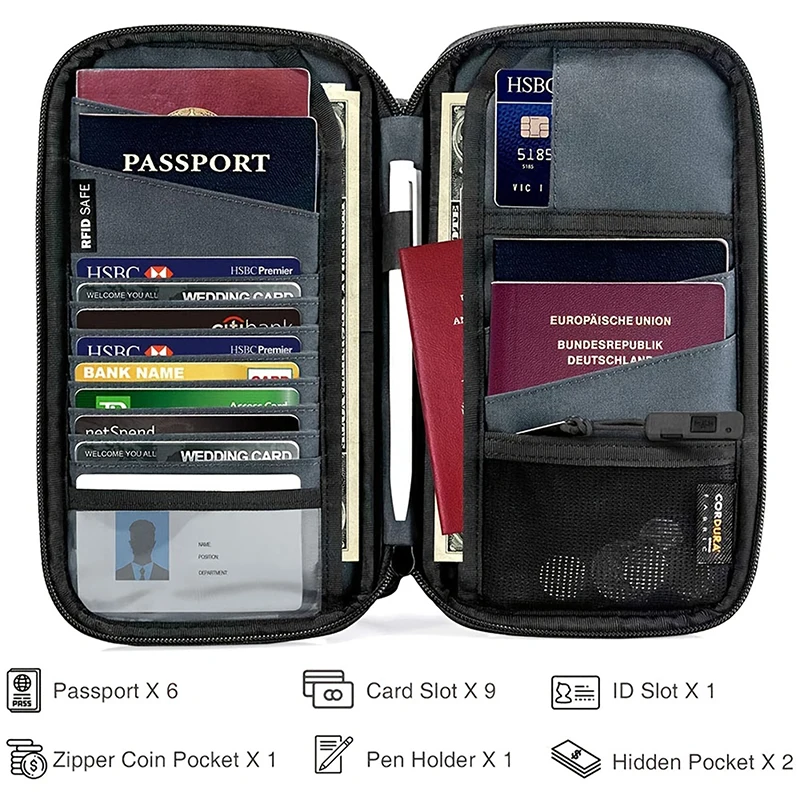 Cartera para pasaporte de viaje multifunción RFID impermeable porta pasaporte familiar organizador de documentos de viaje paquete de tarjeta de crédito monedero