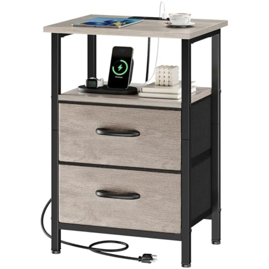 

Nightstand with Charging Station, Side Table with 2 Fabric Drawers, Bedside Table with Open Shelf, 24.2" Tall End Table with US
