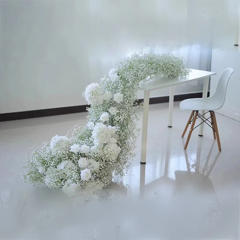 200/100cm White Gypsophila Baby Breath Rose Flower Row Arrangement Arch Wedding Backdrop Props Table Flower Runner Party Floral