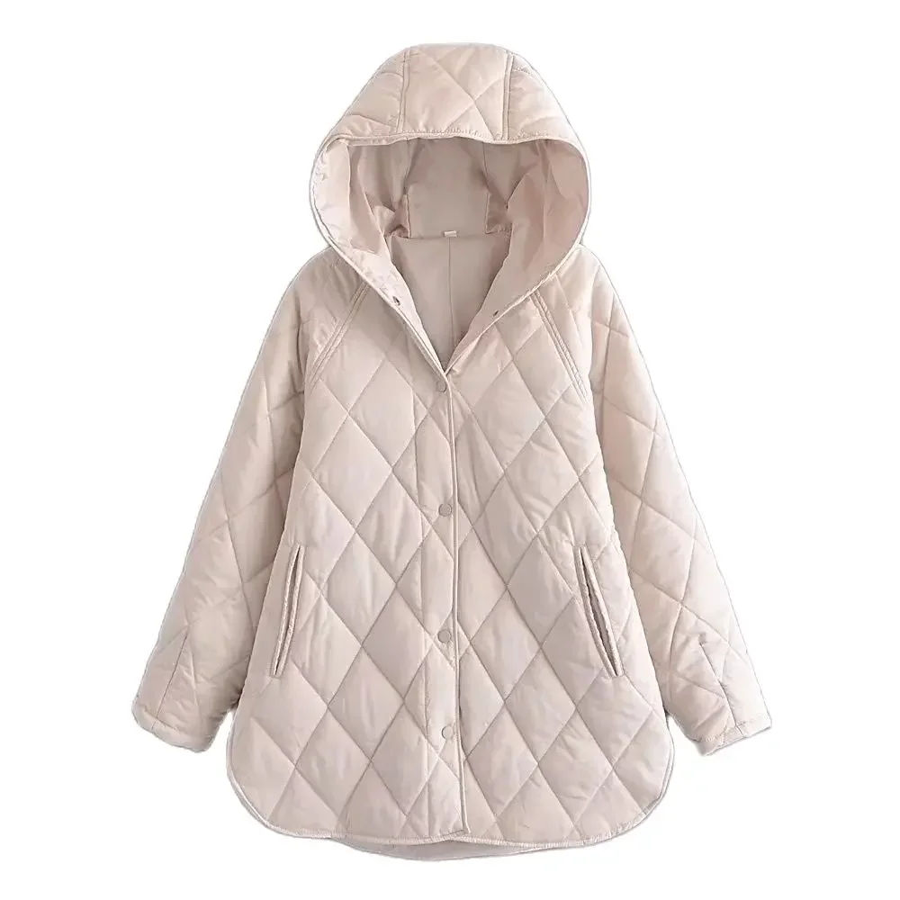 

XEASY 2021 Winter Vintage Warm Beige Hooded Collar Cotton Clothes Female Casual Coat Streetwear Long Sleeve Parkas Chic Top