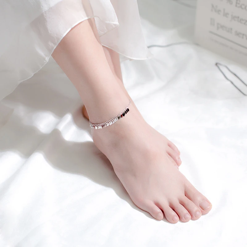 Modian Genuine 925 Sterling Silver Oval Light Tassel Anklet  for Women Fashion Bracelet Foot Chain Fine Jewelry Accessories